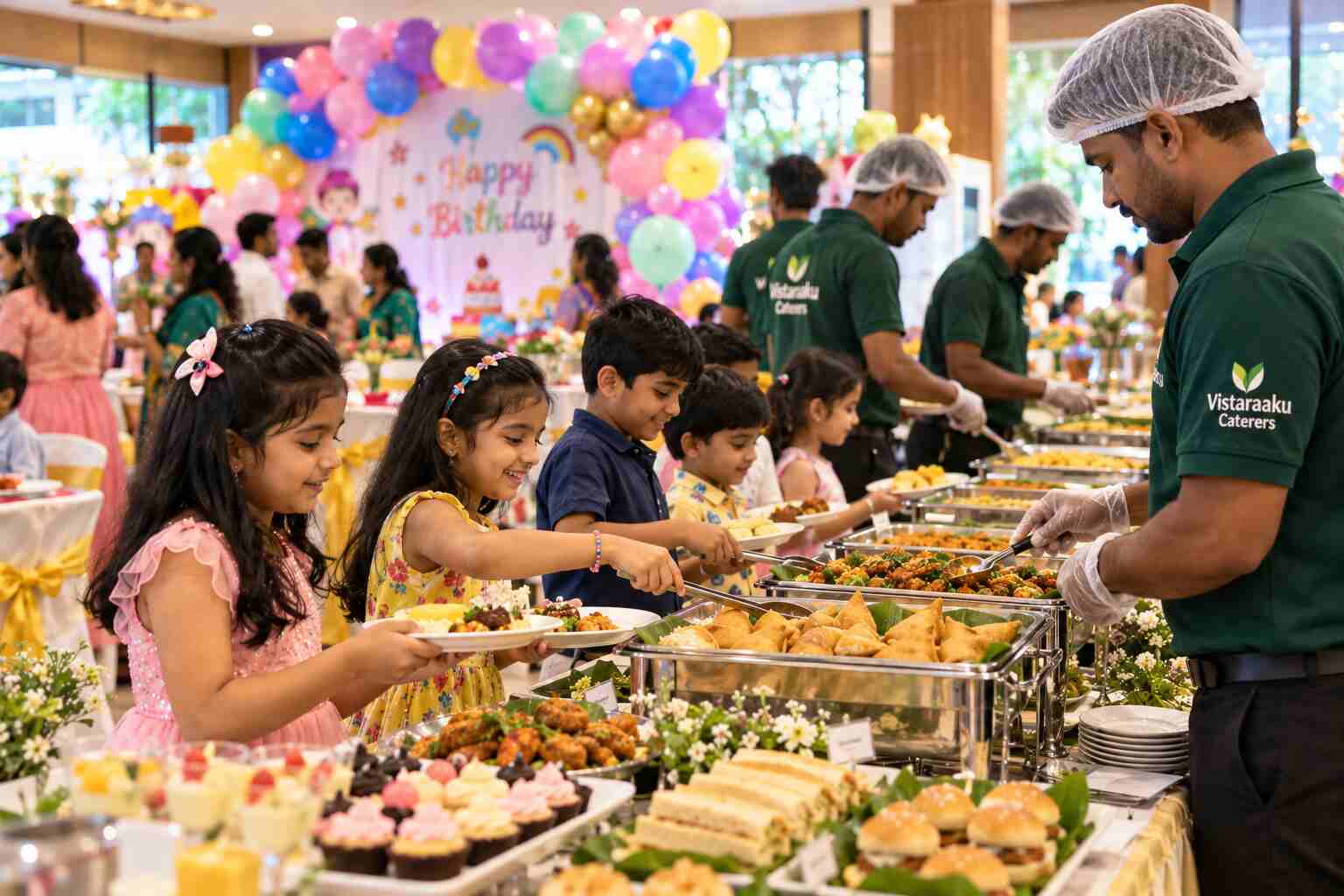 Children enjoying a birthday buffet served by Vistaraaku Caterers staff wearing branded green shirts, hairnets and gloves